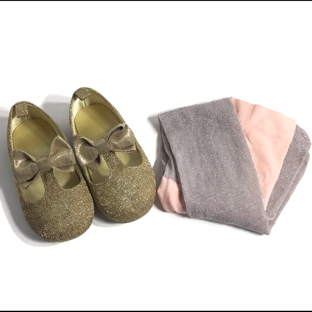 H & M Baby Girl Gold Dress Shoes & Sparkly Tights